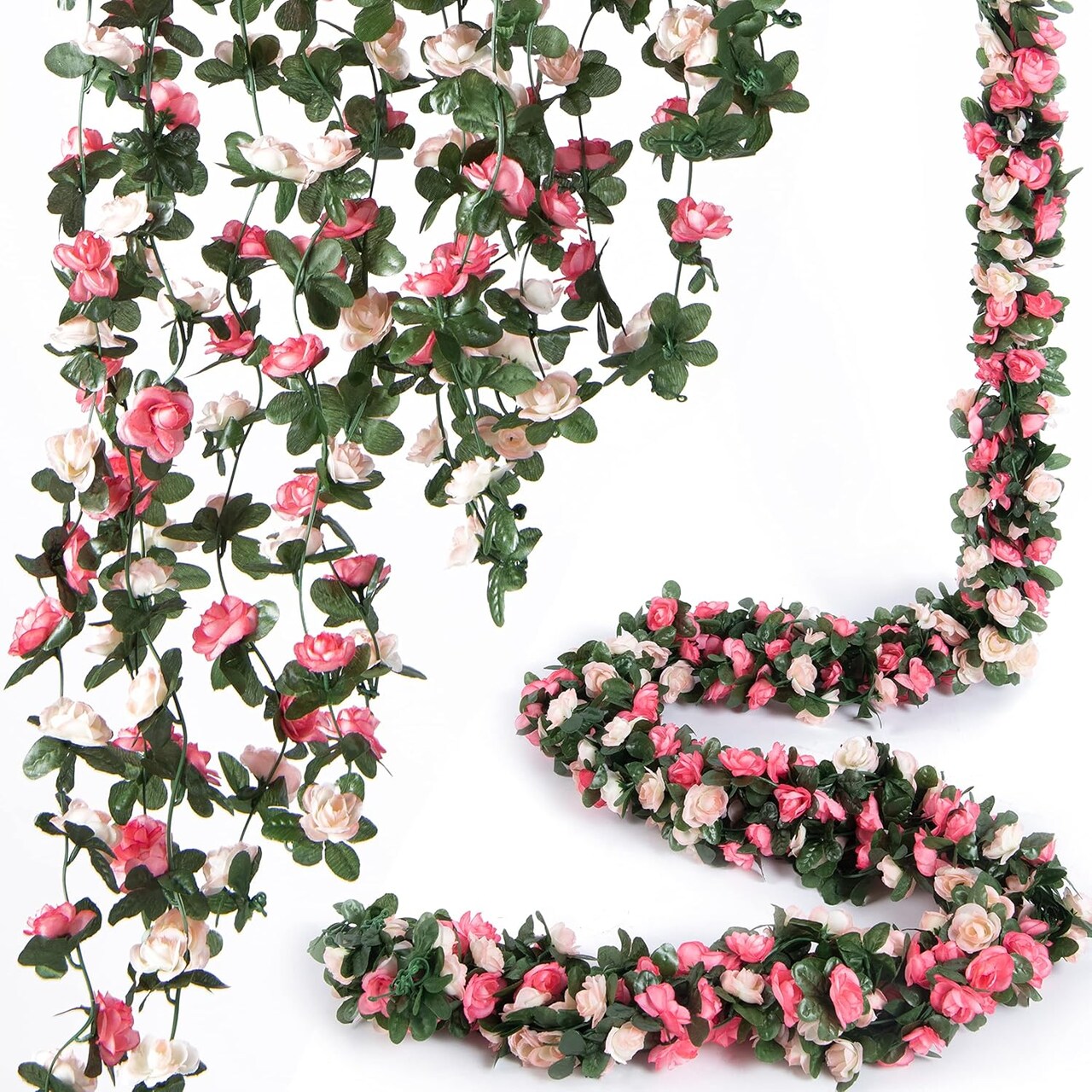 8 Pcs 66FT Flower Garland, Artificial Rose Vine Flowers with Green Leaves (Spring-pink-8pcs)